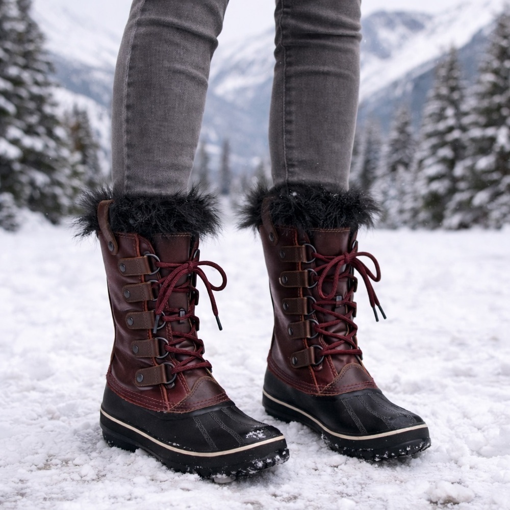 SOREL Joan of Arctic Waterproof Fur Snow Boots Dark Cherry Leather 6.5